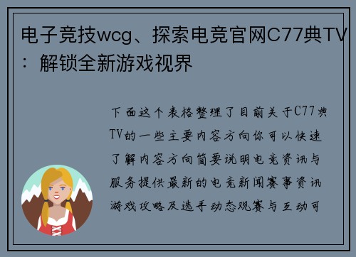 电子竞技wcg、探索电竞官网C77典TV：解锁全新游戏视界